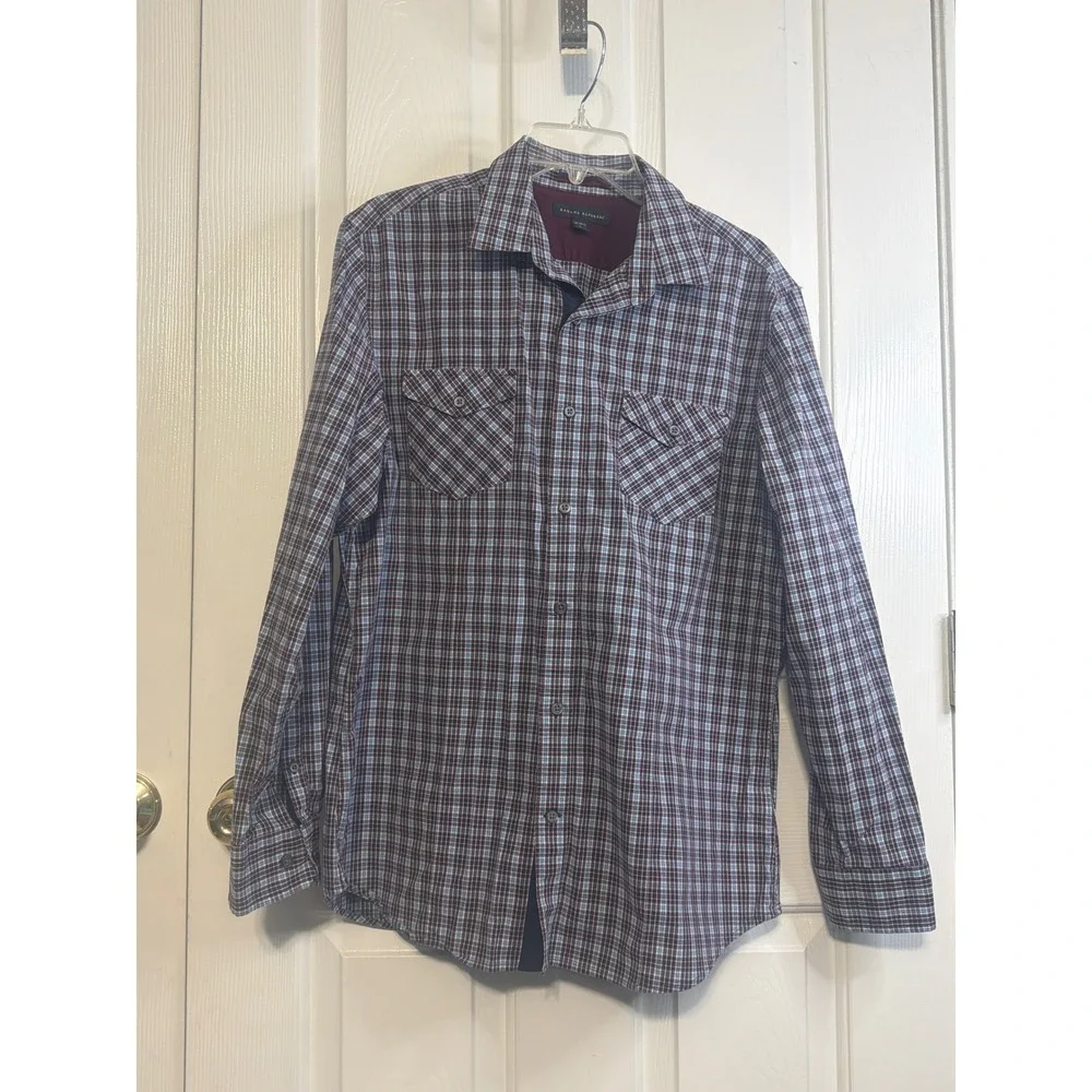 Banana Republic Mens Plaid Button Down Shirt Burgundy Blue L 16-16.5